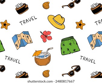 A pattern with objects for travel, vacation, recreation. A color seamless vector background. Sunglasses, cocktail, purse, shorts, exotic flower, roadmap and shells on a white background.