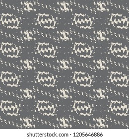  Pattern with oblique stripes and some jagged geometric shapes arranged alternately. Carpet texture. Decorative background in dark gray and ivory. Vector illustration.