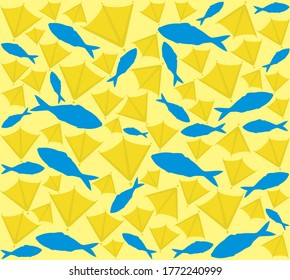 Pattern of ocean fish and gull flippers. The legs of yellow gulls are mixed with blue fish on a background of light yellow sand. Endless seamless vector pattern of marine subjects.