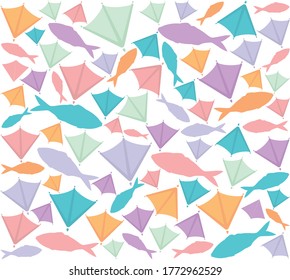 Patrón de peces oceánicos y aletas de gaviota. Pies de gaviotas mezcladas con peces coloridos aislados en un fondo blanco. Patrón vectorial sin fisuras de los sujetos marinos.