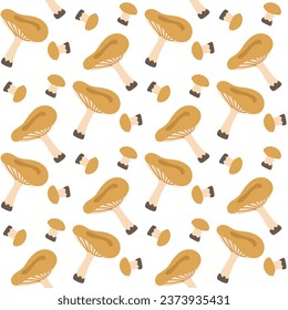 Pattern with ochre russula on white background. Cartoon flat vector large and small mushroom in different positions. Design template for textiles, wallpaper, print. russula on a seamless background