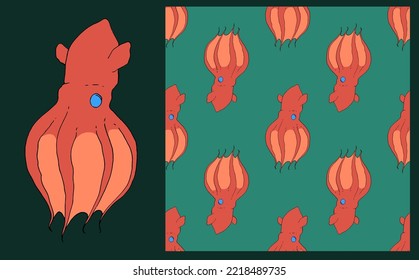 the pattern of the octopus of the infernal vampire and the sea octopus is red on dark green, isolated. seamless octopus pattern with blue eyes on emerald for textile design template