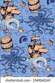 Pattern of octopus and sea voyages. Vector illustration. Suitable for fabric, wrapping paper and the like