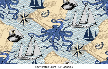 Pattern of octopus and sea voyages. Vector illustration. Suitable for fabric, wrapping paper and the like