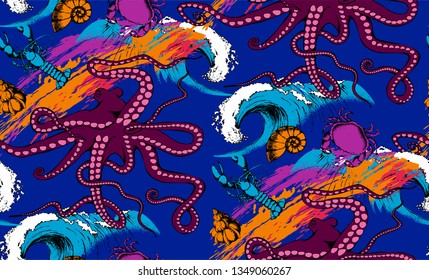 Pattern of octopus and sea voyages. Vector illustration. Suitable for fabric, wrapping paper and the like