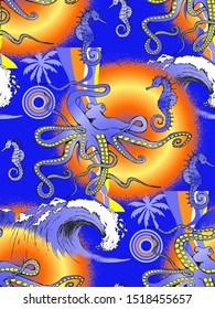 Pattern of octopus, seahorse and sea voyages. Vector illustration. Suitable for fabric, wrapping paper and the like