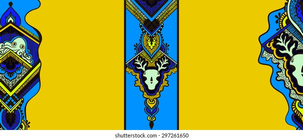 Pattern with a octopus and a skull of a deer in the ethnic style on a yellow background