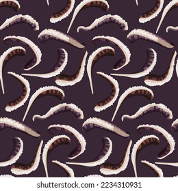 A pattern of octopus tentacles on a purple background. Asian food with seafood. Suitable for printing on textiles and paper for kitchen illustration. Gift wrapping