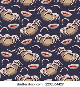 A pattern of octopus tentacles, plates with octopus and sauces on a blue background. Asian cuisine with seafood. Suitable for printing on textiles and kitchen illustration paper. Gift packaging