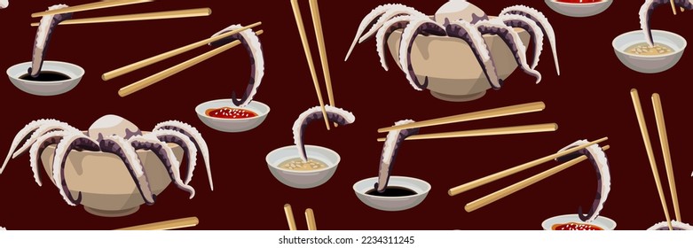 A pattern of octopus tentacles, plates with octopus, sauces and Chinese chopsticks on a burgundy background. Asian cuisine with seafood. Suitable for printing on textiles and paper for kitchen