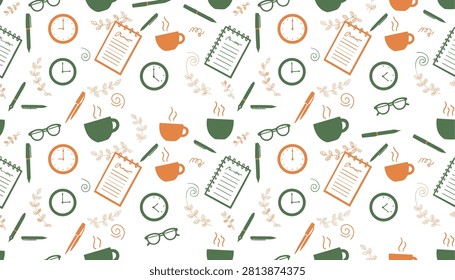 Pattern of office stationery elements including notebooks, clocks, glasses, pens, and coffee cups.