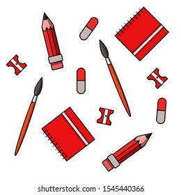 
Pattern office supplies. School and student stationery. Brush, pencil, notebook, eraser, sharpener.
Stock vector illustration on a white background.