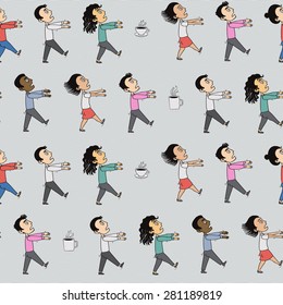 Pattern with office zombies and coffee mugs. Hand drawn vector illustration.