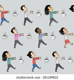 Pattern with office zombies and coffee mugs. Hand drawn vector illustration.