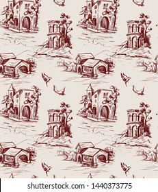 Pattern with old architecture with landscape views in toile de jouy style, beige and red