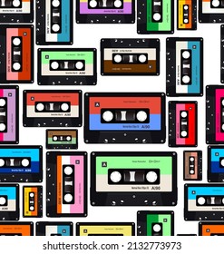 Pattern with old audio cassettes colorful seamless background 