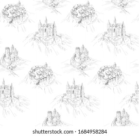 Pattern with old landscape with castles in toile de jouy style, black and white