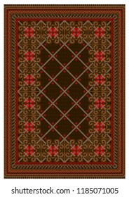 Pattern for old oriental carpet in brown and red colors with intersecting beige stripes run down the center on a white background