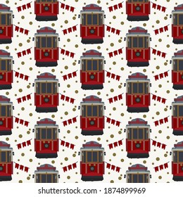 Pattern of an old red tram. Cute Tramcar vehicles for city trips are festive. Streetcar electric cars in the States are a backdrop for traveling the streets. Cute Transport backing perfect for making