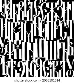 Pattern from the Old Russian font. Vector. Cyrillic white letters on a black background. Neo-Russian style of the 17-19th century. Stylized under the Greek or Byzantine high charter. Handwritten.