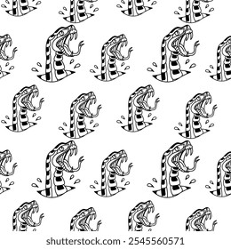 Pattern with old school tattoo snake design, just the black line and white background