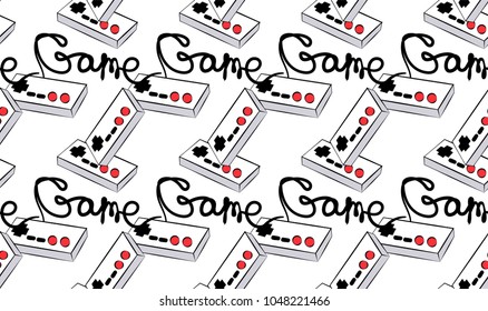 A pattern of old white retro vintage antique hipster joysticks for video game consoles and an inscription game from the 80's, 90's on a white background. Seamless vector illustration