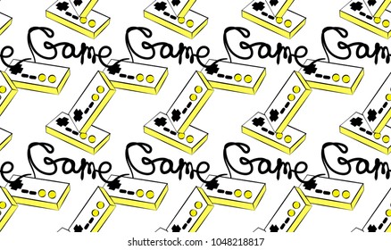 A pattern of old yellow retro vintage antique hipster joysticks for a game console for video games and an inscription game from the 80's, 90's on a white background. Seamless vector illustration