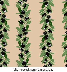 Pattern of olive branches with black fruits. Vertical stripes of branches. Seamless pattern. Suitable for textiles and wallpapers.