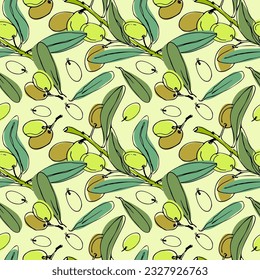 Pattern with olive branches. Hand drawn line art. Ilustration. Green, olive colors. Leaves. Vector elements for packaging design, patterns, banners, food menu.