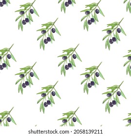 Pattern with olive branches. Watercolor olive branch with fruits. Vector illustration.