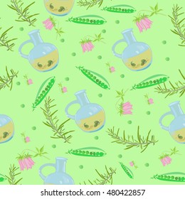 Pattern with olive oil, rosemary and peas