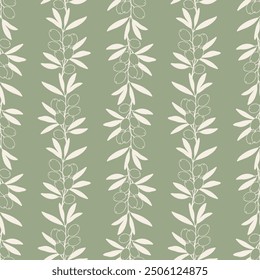 Pattern olives branches on green pastel background. Ornament for design natural organic cosmetics, wrapping paper, olive oil. Vector illustration