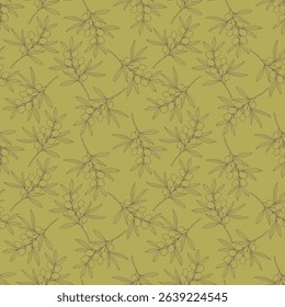 Pattern with Olives fruits, light outline olive branches.