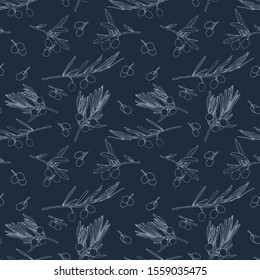 Pattern with olives. Hand drawn olive branch. Monochrome vector pattern on a dark background for textiles, wrapping paper and backgrounds.