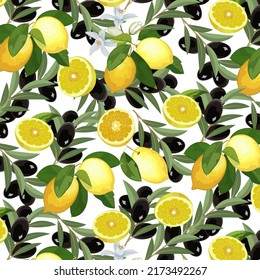 Pattern with olives and lemons.Branches of lemons and black olives on a transparent background in a seamless vector pattern.