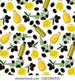 Pattern with olives and oil.Vector seamless pattern with olives, lemon slices and bottles of oil on a transparent background.