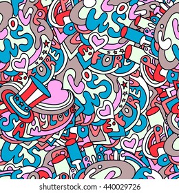 pattern on the American holiday, doodle composed of text, graphics, hat, heart, cartoon style