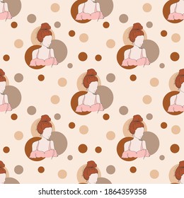 Pattern on beige background. Continuous one line drawing beautiful woman. Perfect for greeting cards, party invitations, posters, stickers, clothin