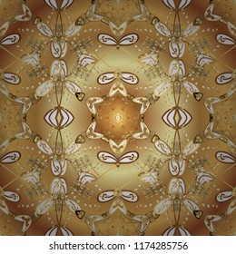Pattern on beige, brown and yellow colors. Vector golden mehndi ornamental pattern. Ornamental floral elements with henna tattoo, golden stickers, mehndi and yoga design, cards and prints.