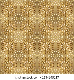 Pattern on beige colors. Vector golden mehndi seamless pattern. Ornamental floral elements with henna tattoo, golden stickers, mehndi and yoga design, cards and prints.