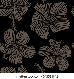 Pattern on a black background in brown colors. Vector vintage seamless tropical hibiscus flowers.