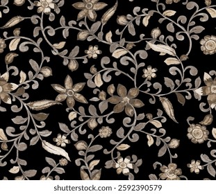 The pattern is on a black background The flowers and leaves are rendered in shades of light brownish-tan, taupe, and a muted grayish-brown The flowers have a slightly stylized, almost painted.