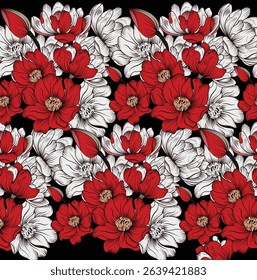 Pattern on an Black background of flowers, peonies, roses. Hand draws field, garden plants with ink. botanical illustration vintage. Sprig with leaves, buds, flowers. Wallpaper design, textiles.