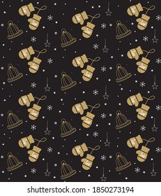Сhristmas pattern on the black background with golden designs.
Beautiful template for a luxury gift wrapping paper.
