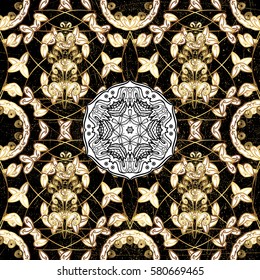 Pattern on black background with golden elements. Golden texture curls. Vector. Oriental style arabesques. Openwork delicate golden pattern. Brilliant lace, stylized flowers, paisley.