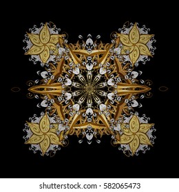 Pattern on black background with golden elements. Vector golden mehndi. Ornamental floral elements with henna tattoo, golden stickers, mehndi and yoga design, cards and prints.
