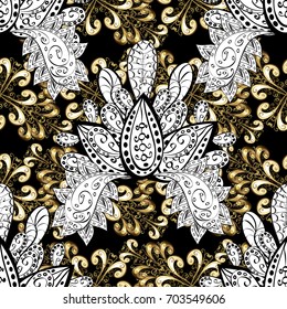 Pattern on black background with golden elements. Vector golden mehndi seamless pattern. Ornamental floral elements with henna tattoo, golden stickers, mehndi and yoga design, cards and prints.