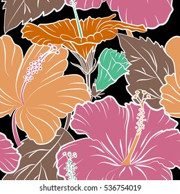 Pattern on a black background in green, pink and orange colors. Vector vintage seamless tropical hibiscus flowers.