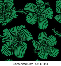 Pattern on a black background in green colors. Vector vintage seamless tropical hibiscus flowers.