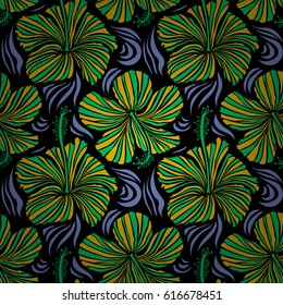 Pattern on a black background in green, blue and yellow colors. Vector vintage seamless tropical hibiscus flowers.